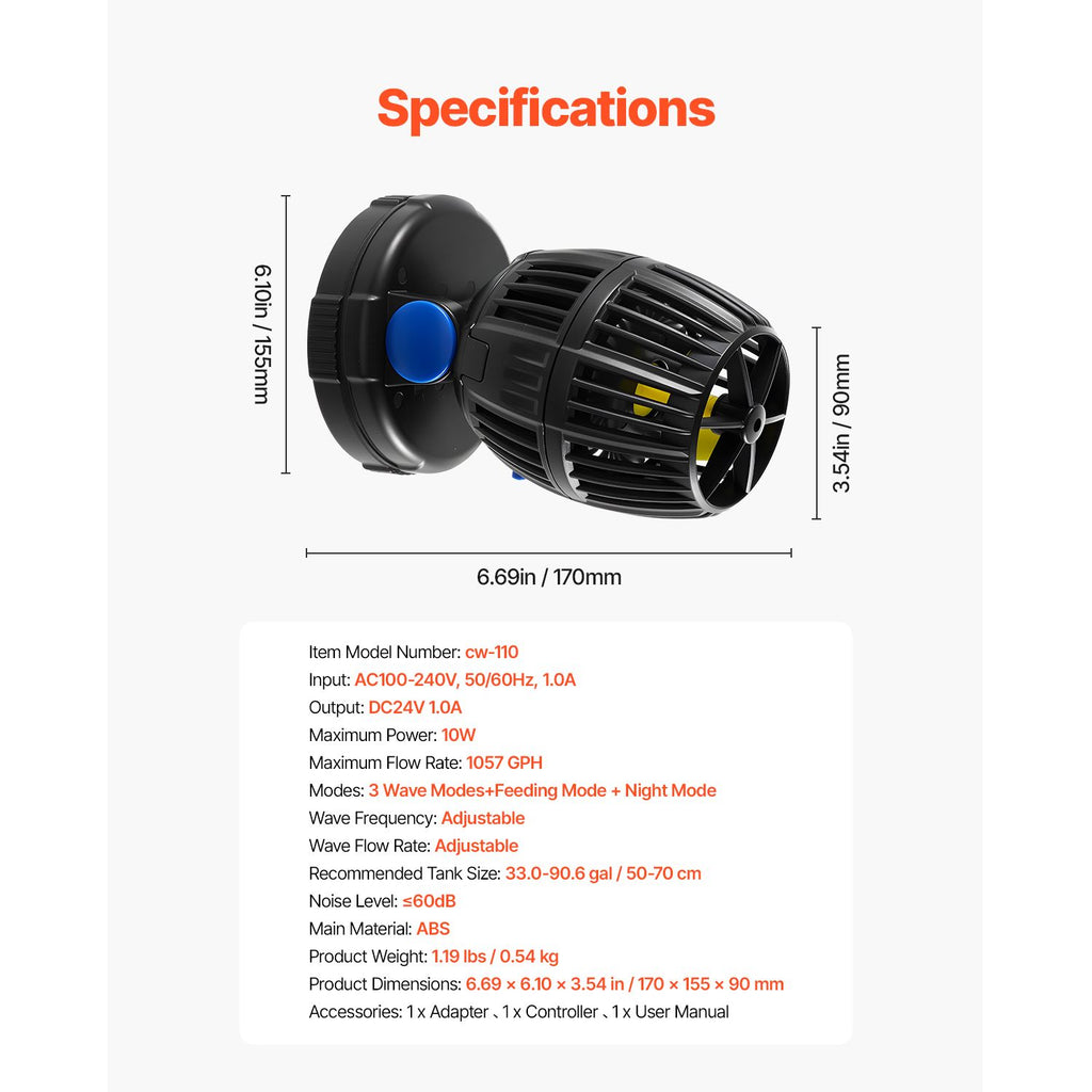 Quiet 10W Aquarium Wave Maker, 1057 GPH, 360° Rotating Powerhead