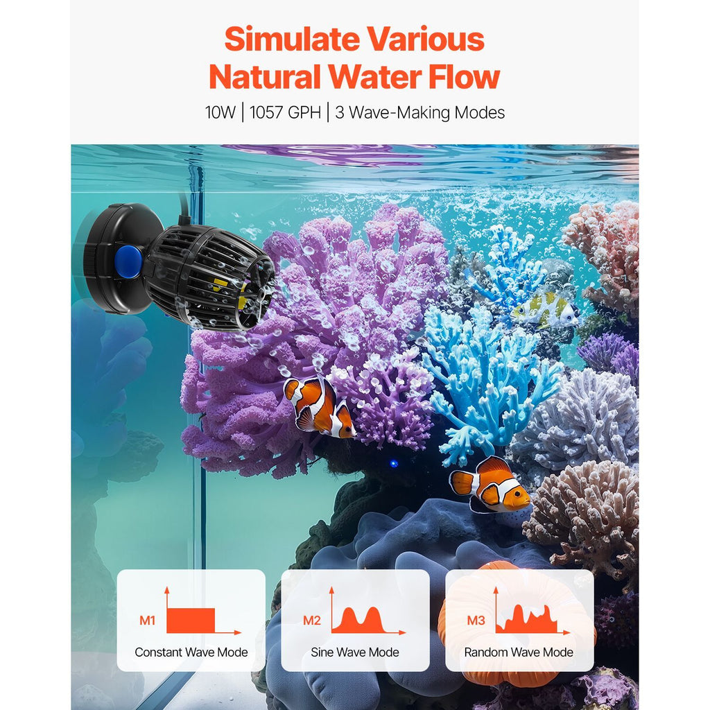 Quiet 10W Aquarium Wave Maker, 1057 GPH, 360° Rotating Powerhead
