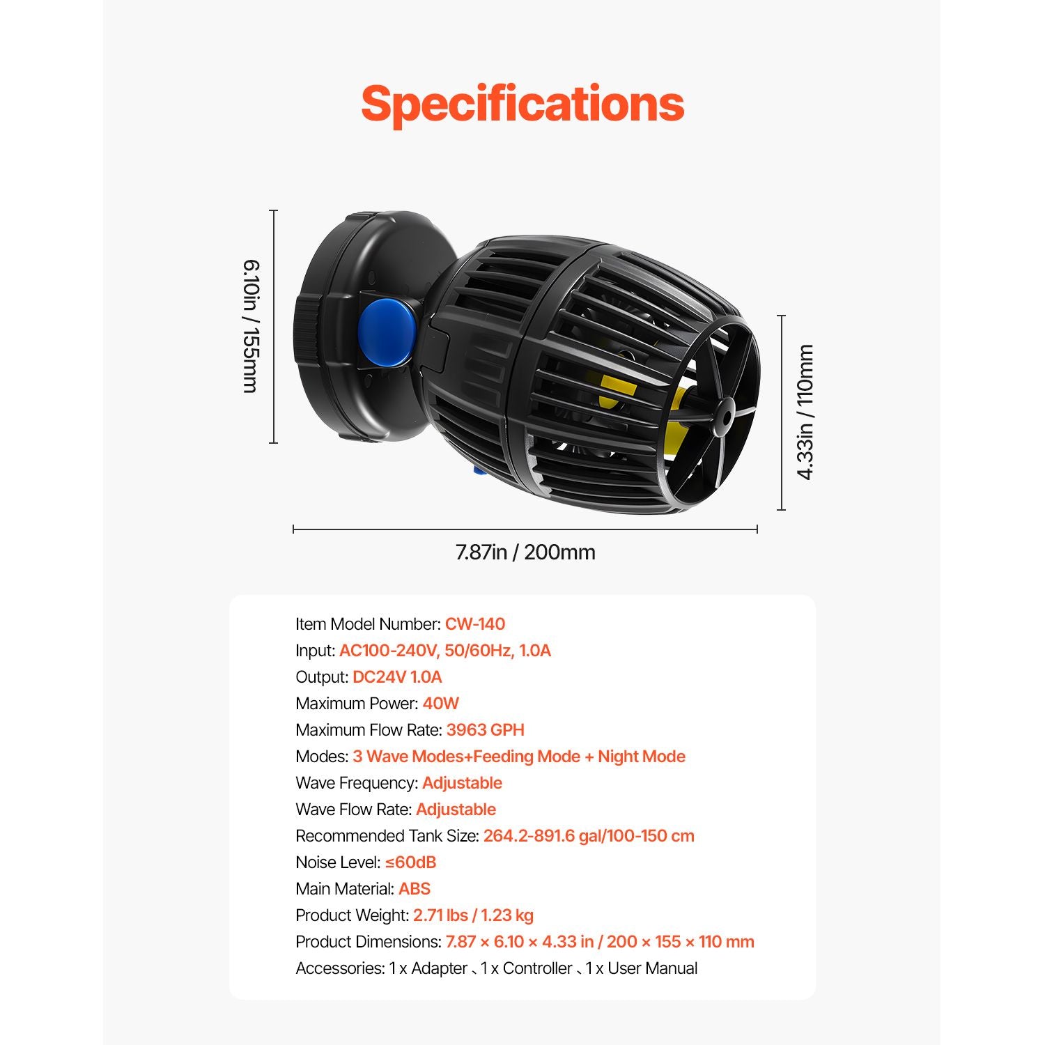 Powerful 3963 GPH Aquarium Wave Maker with Quiet DC Pump