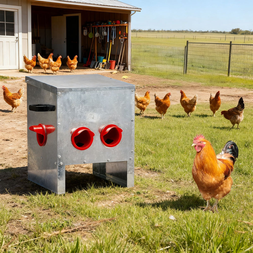 Automatic Chicken Feeder Rodent Proof, 4 Ports Large Capacity Metal Poultry Feeder with Handles and Lid, Galvanized Chicken Feeder for Hen Coop