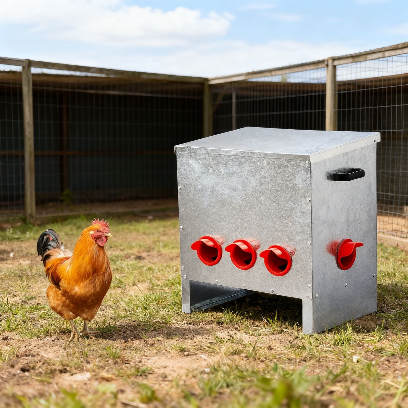 Automatic Chicken Feeder Rodent Proof, 5 Ports Large Capacity Metal Poultry Feeder with Handles and Lid, Galvanized Chicken Feeder for Hen Coop