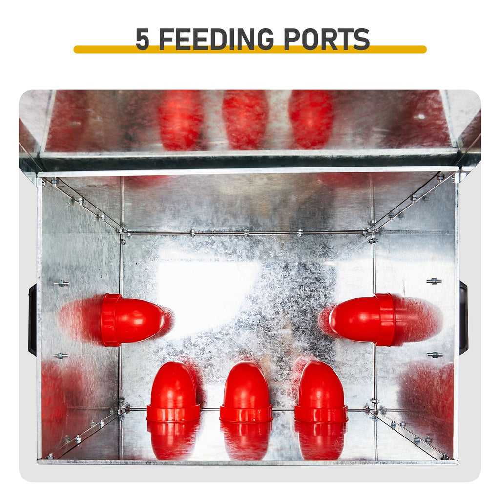Automatic Chicken Feeder Rodent Proof, 5 Ports Large Capacity Metal Poultry Feeder with Handles and Lid, Galvanized Chicken Feeder for Hen Coop