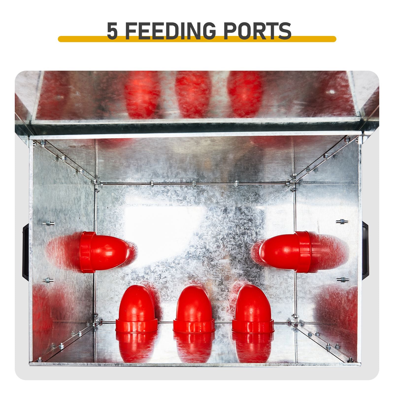Automatic Chicken Feeder Rodent Proof, 5 Ports Large Capacity Metal Poultry Feeder with Handles and Lid, Galvanized Chicken Feeder for Hen Coop