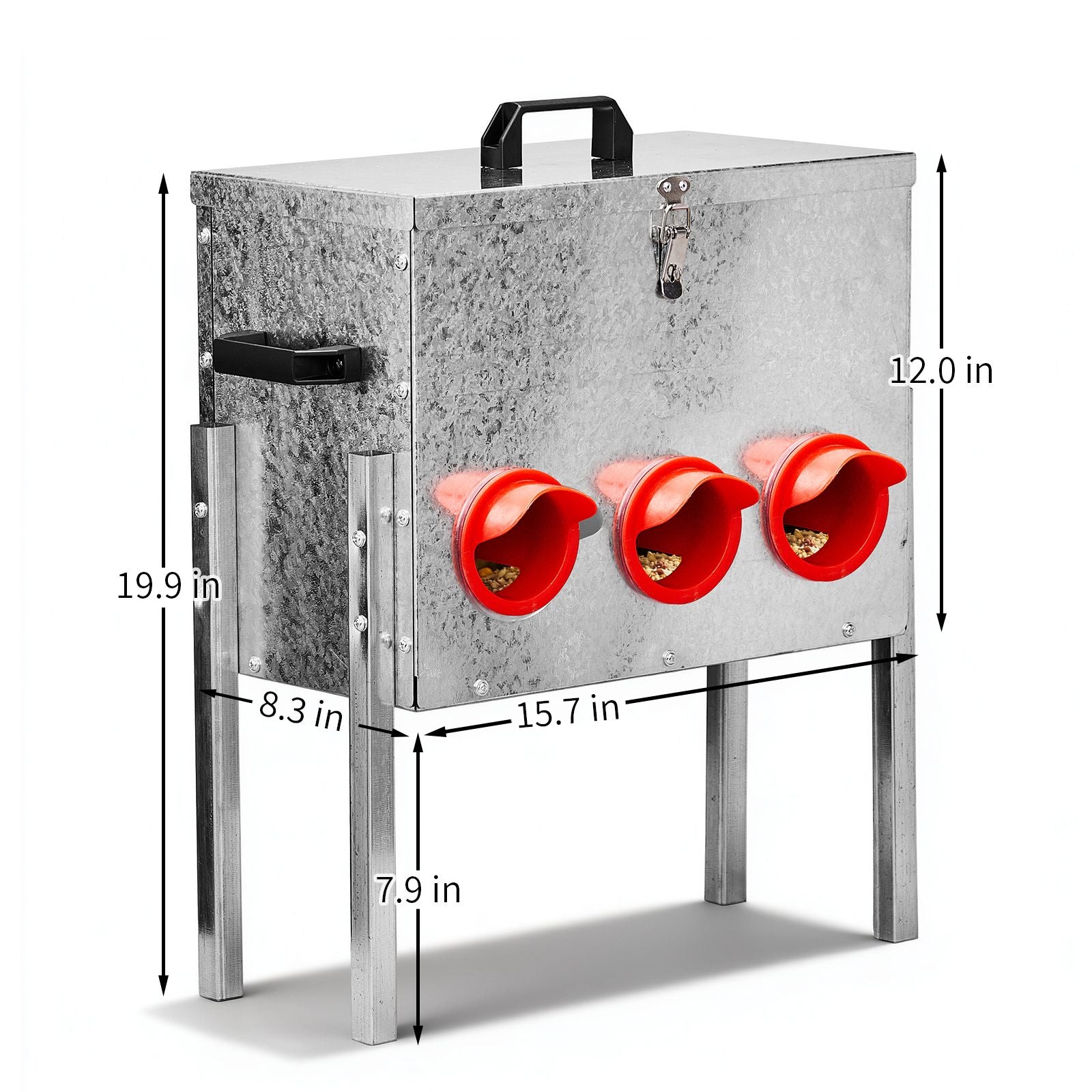 Automatic Chicken Feeder Rodent Proof, 6 Ports Large Capacity Metal Poultry Feeder with Legs and Lid, Galvanized Chicken Feeder for Hen Coop