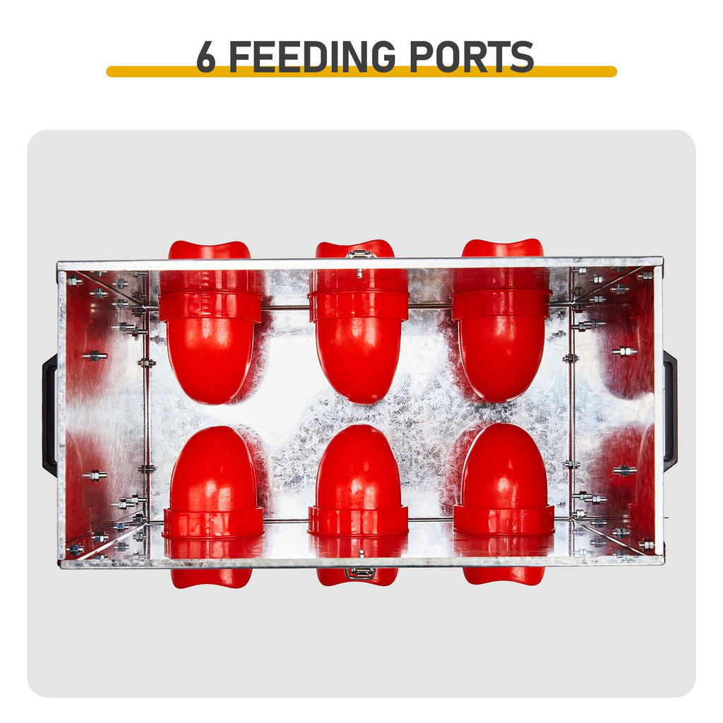 Automatic Chicken Feeder Rodent Proof, 6 Ports Large Capacity Metal Poultry Feeder with Legs and Lid, Galvanized Chicken Feeder for Hen Coop