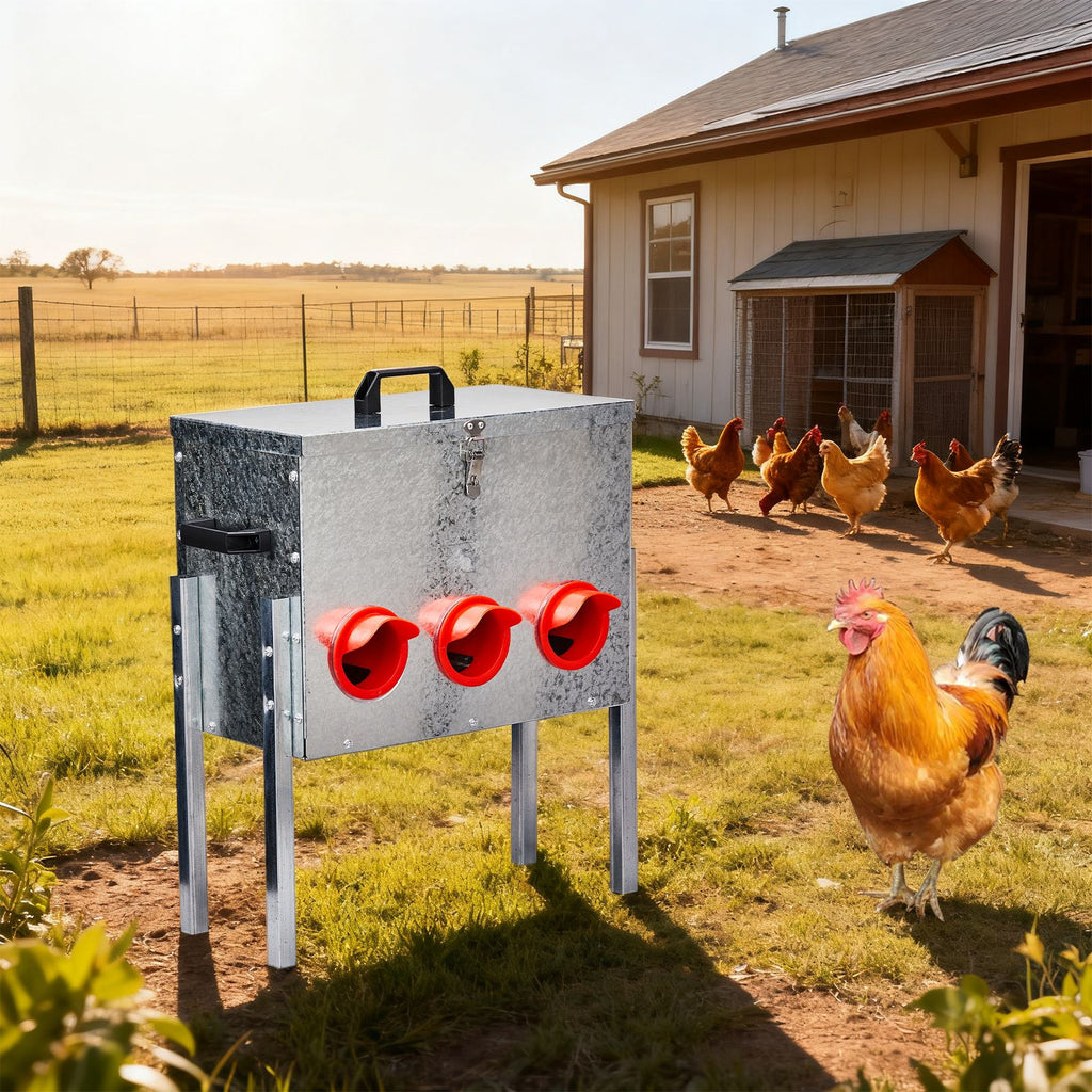 Automatic Chicken Feeder Rodent Proof, 6 Ports Large Capacity Metal Poultry Feeder with Legs and Lid, Galvanized Chicken Feeder for Hen Coop