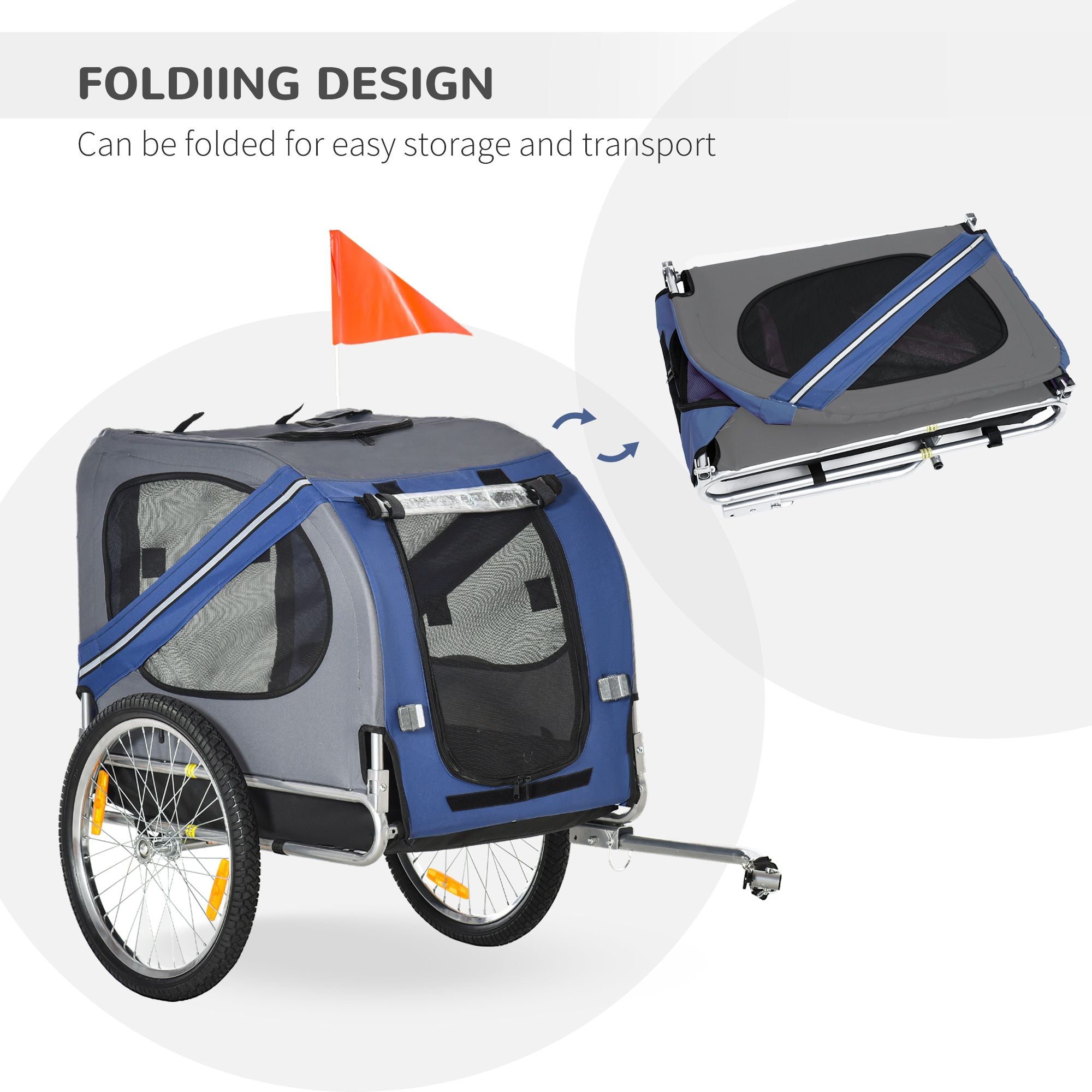 Bike Trailer Cargo Cart for Dogs and Pets with 3 Entrances Large Wheels for Off-Road & Mesh Screen, Blue/Gray