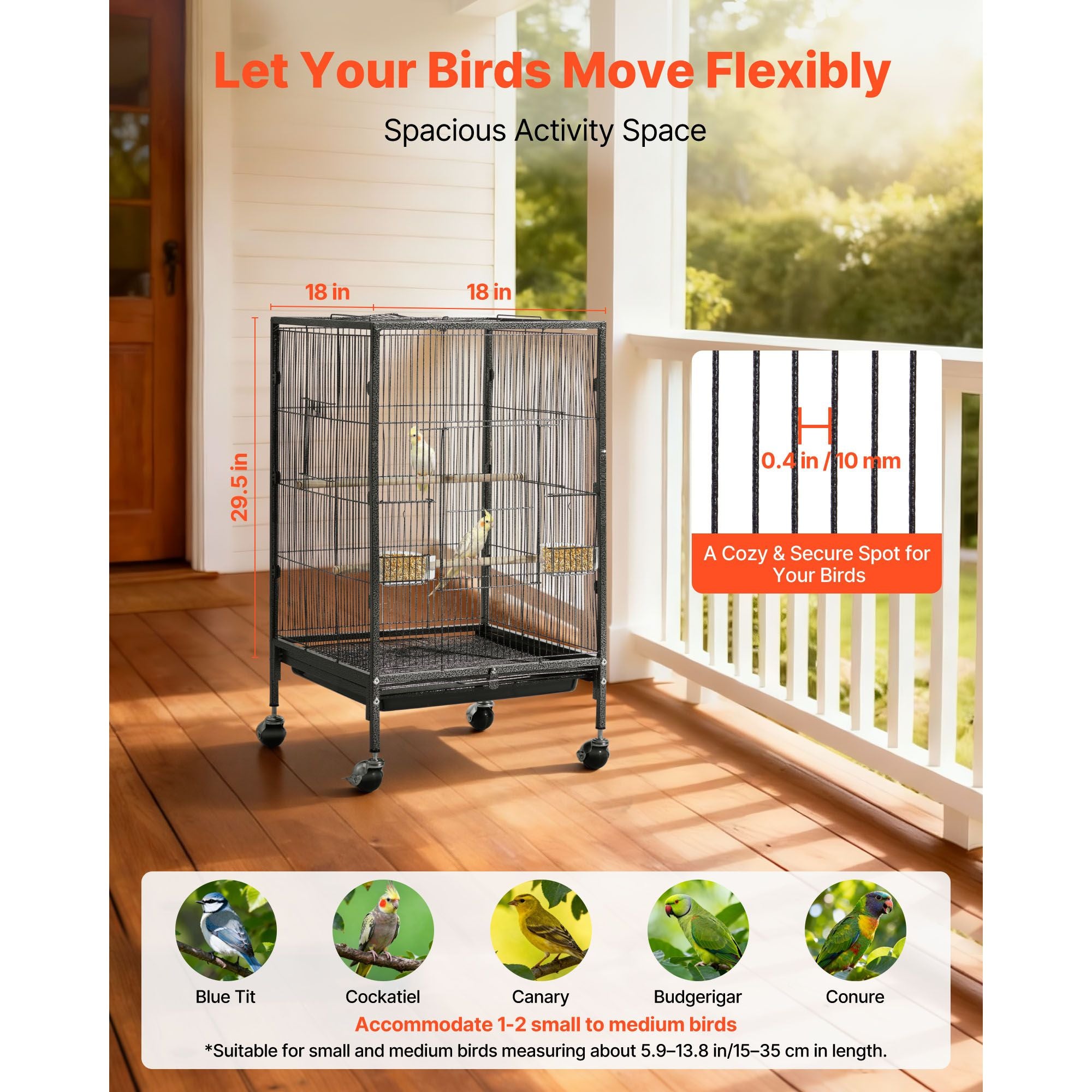 Spacious Wrought Iron Bird Cage with Open Top and Easy-Clean Tray