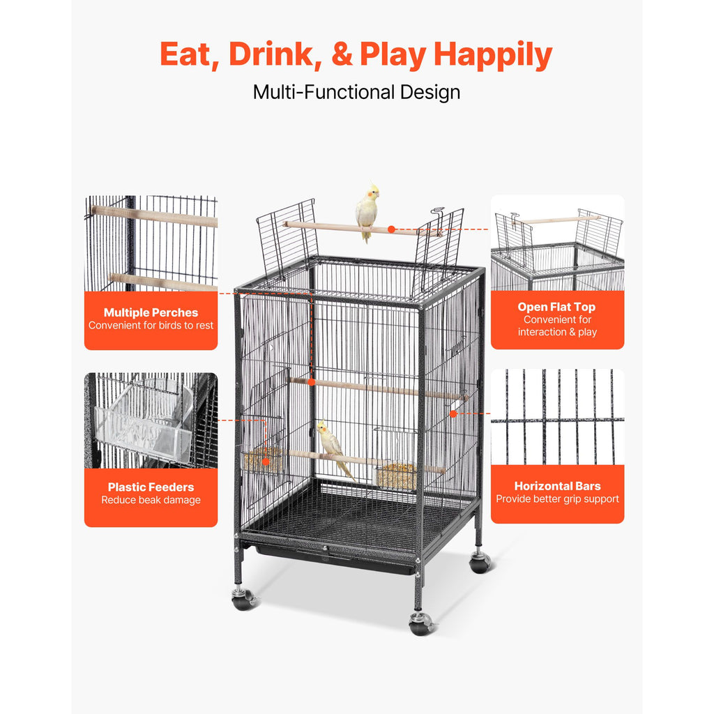 Spacious Wrought Iron Bird Cage with Open Top and Easy-Clean Tray