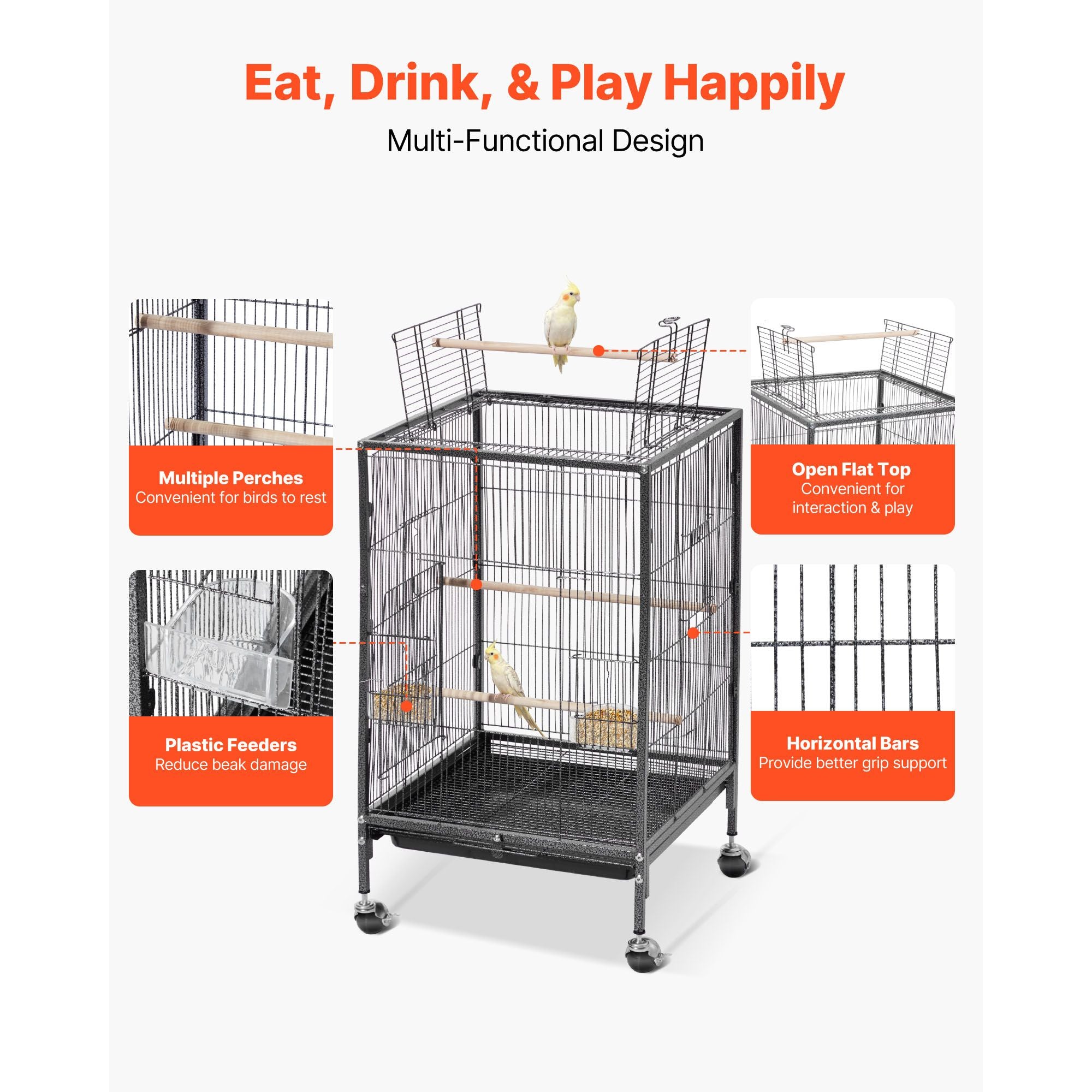 Spacious Wrought Iron Bird Cage with Open Top and Easy-Clean Tray