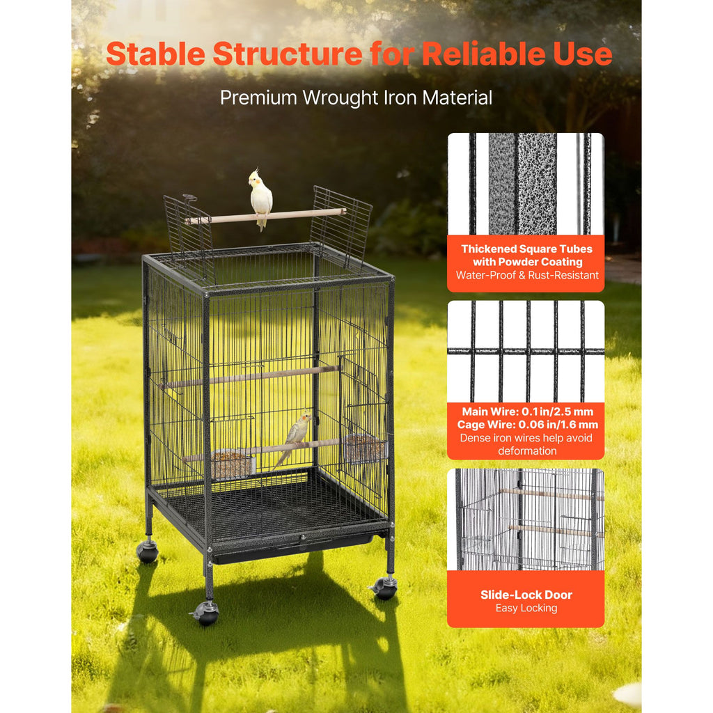 Spacious Wrought Iron Bird Cage with Open Top and Easy-Clean Tray