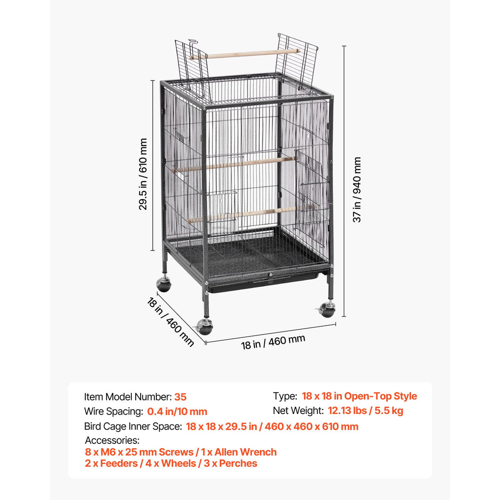 Spacious Wrought Iron Bird Cage with Open Top and Easy-Clean Tray