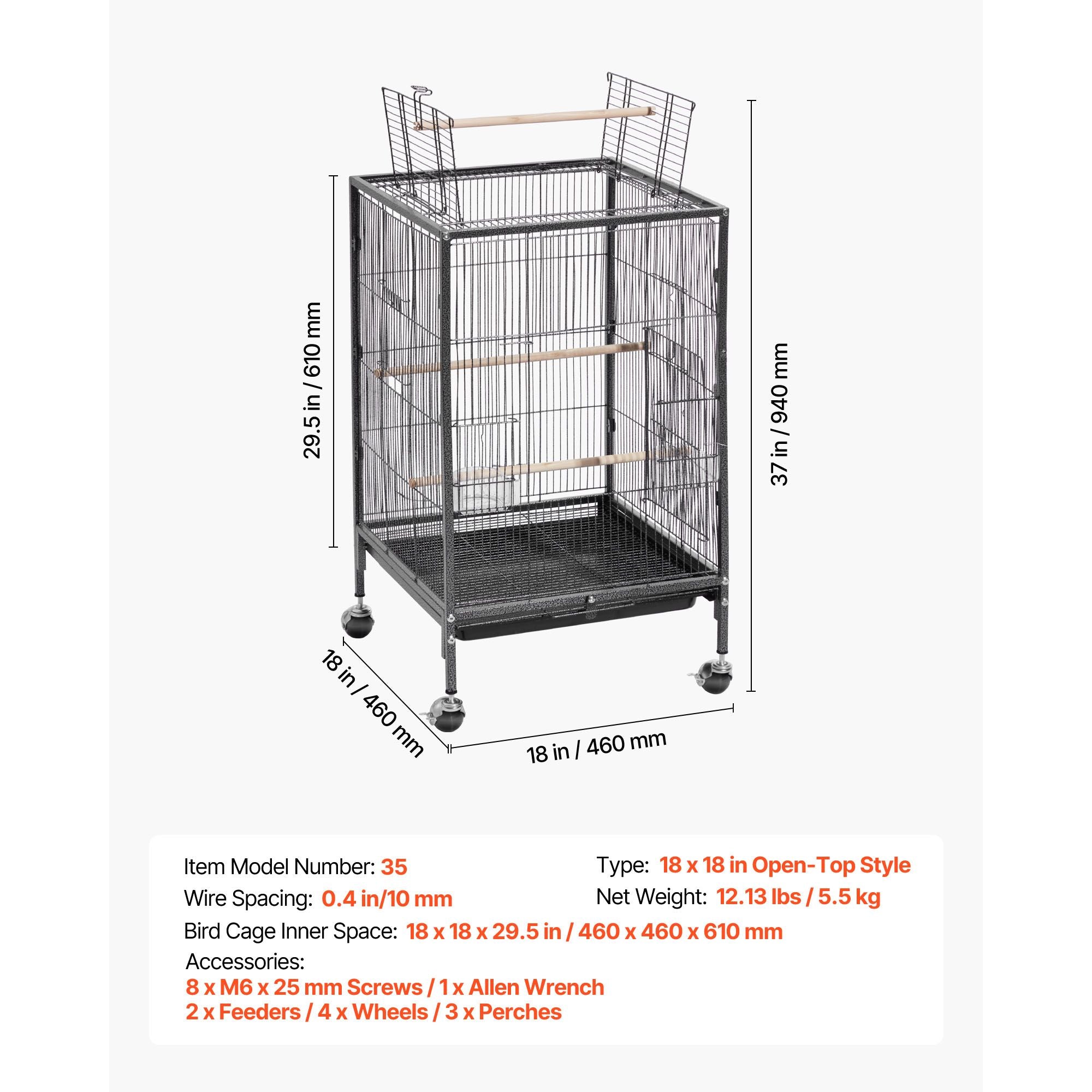Spacious Wrought Iron Bird Cage with Open Top and Easy-Clean Tray