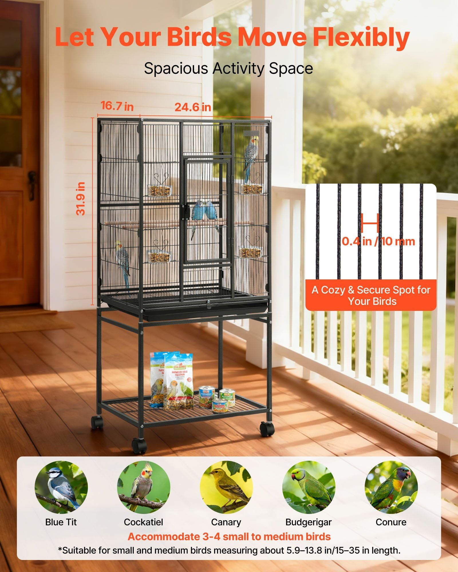 Spacious Wrought Iron Bird Cage with Perches and Rolling Wheels