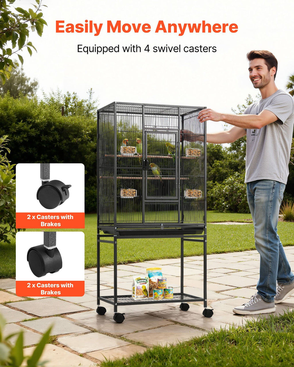 Spacious Wrought Iron Bird Cage with Perches and Rolling Wheels