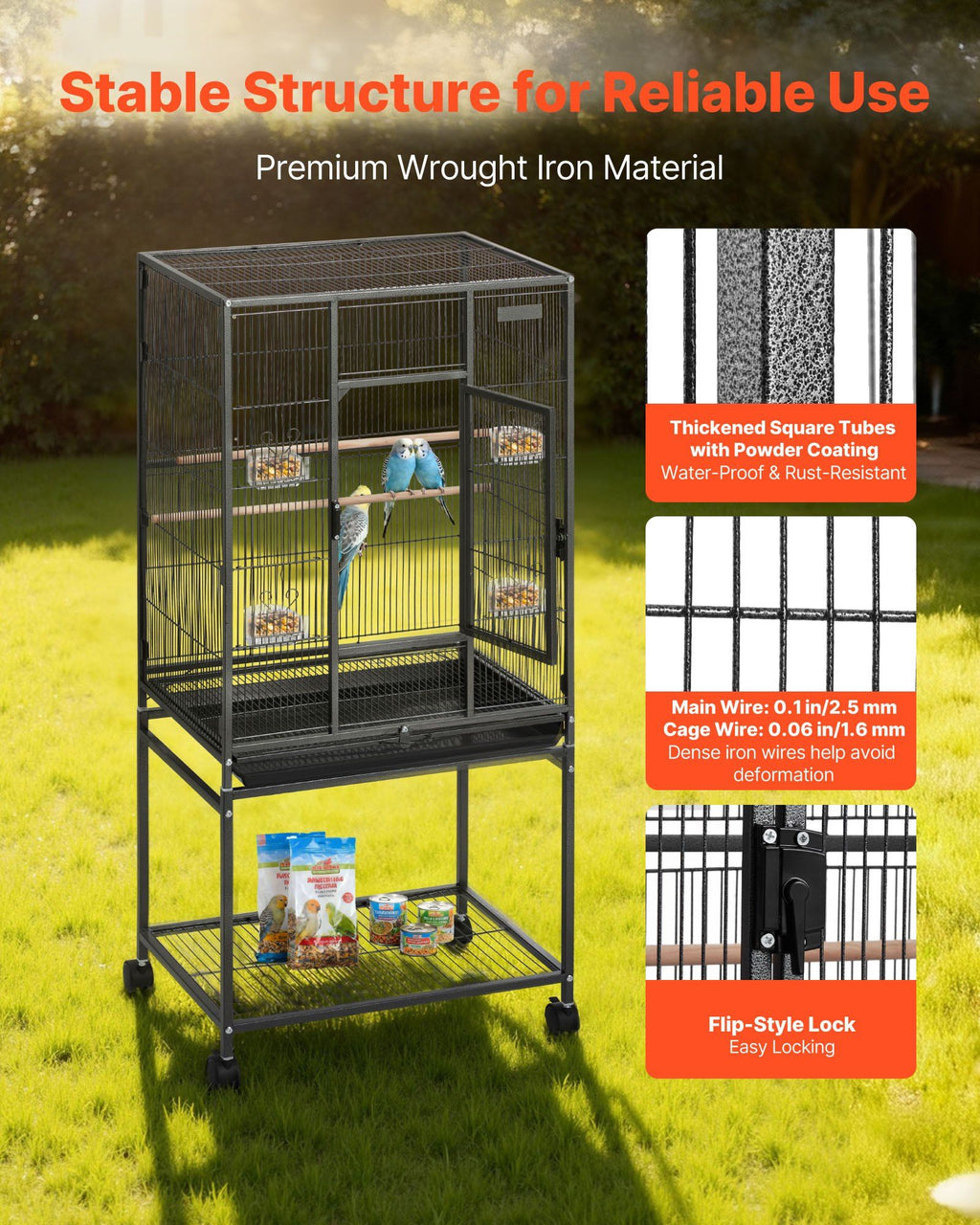 Spacious Wrought Iron Bird Cage with Perches and Rolling Wheels