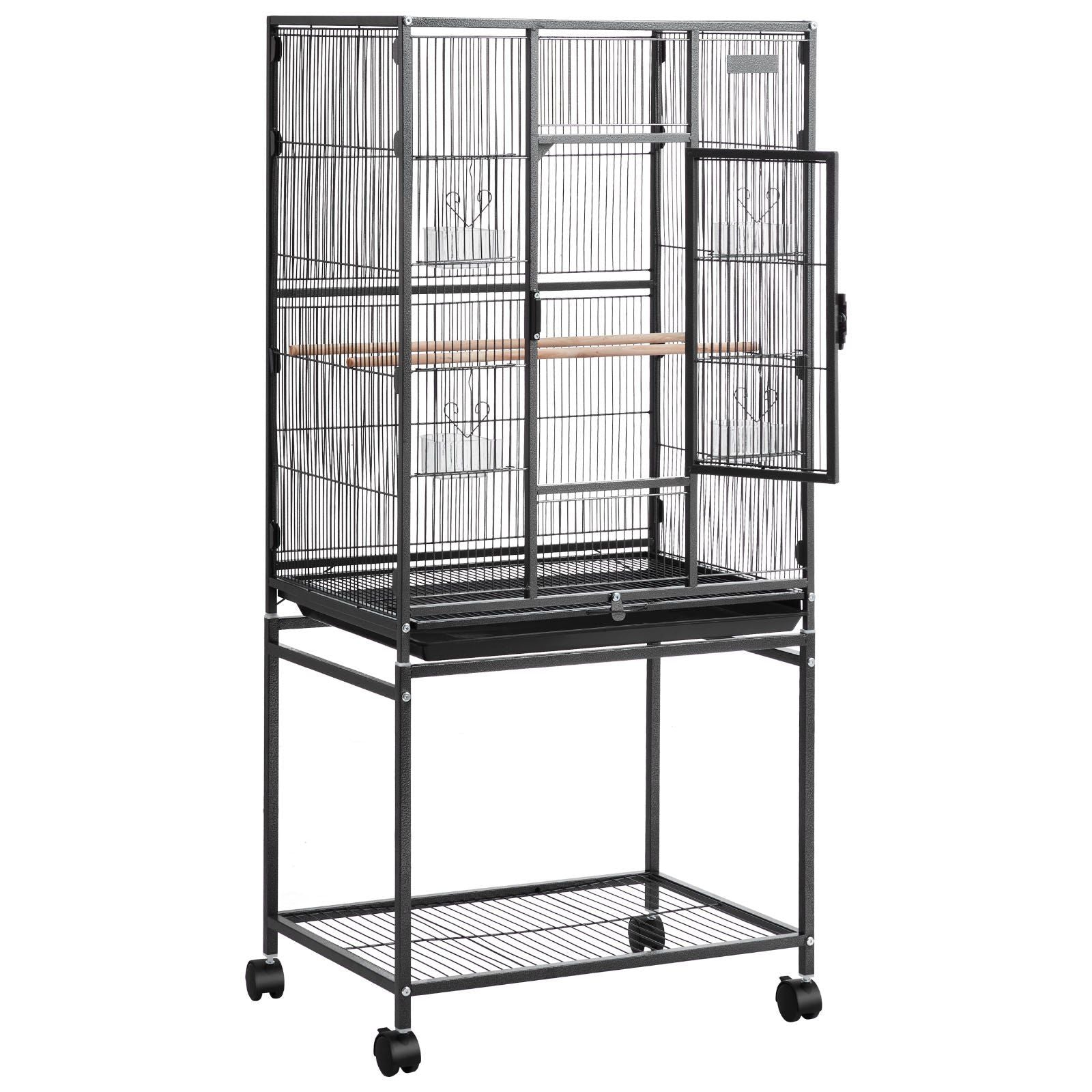 Spacious Wrought Iron Bird Cage with Perches and Rolling Wheels
