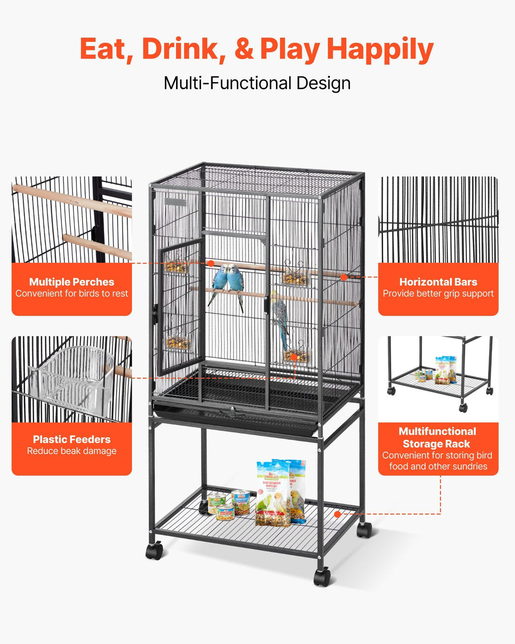 Spacious Wrought Iron Bird Cage with Perches and Rolling Wheels