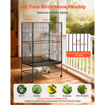 Spacious Wrought Iron Bird Flight Cage with Perches and Casters