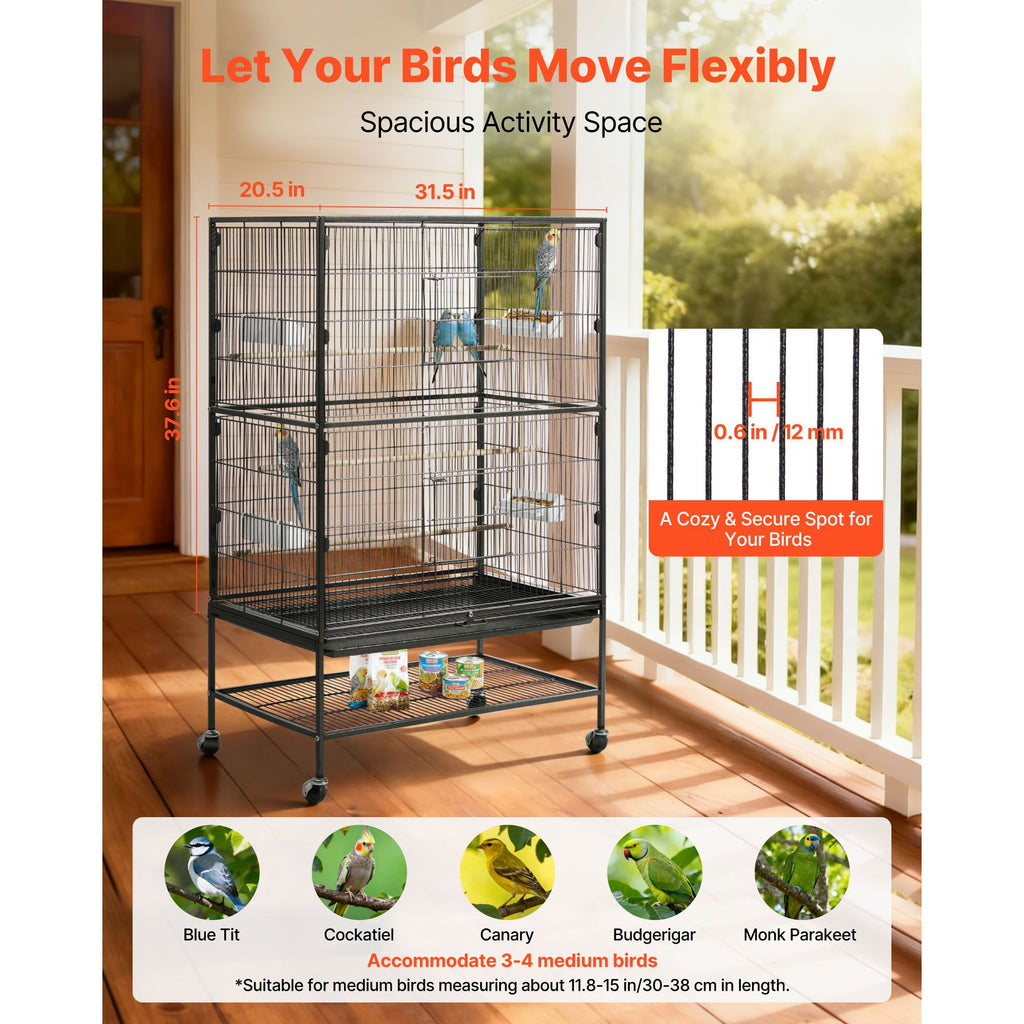 Spacious Wrought Iron Bird Flight Cage with Perches and Casters