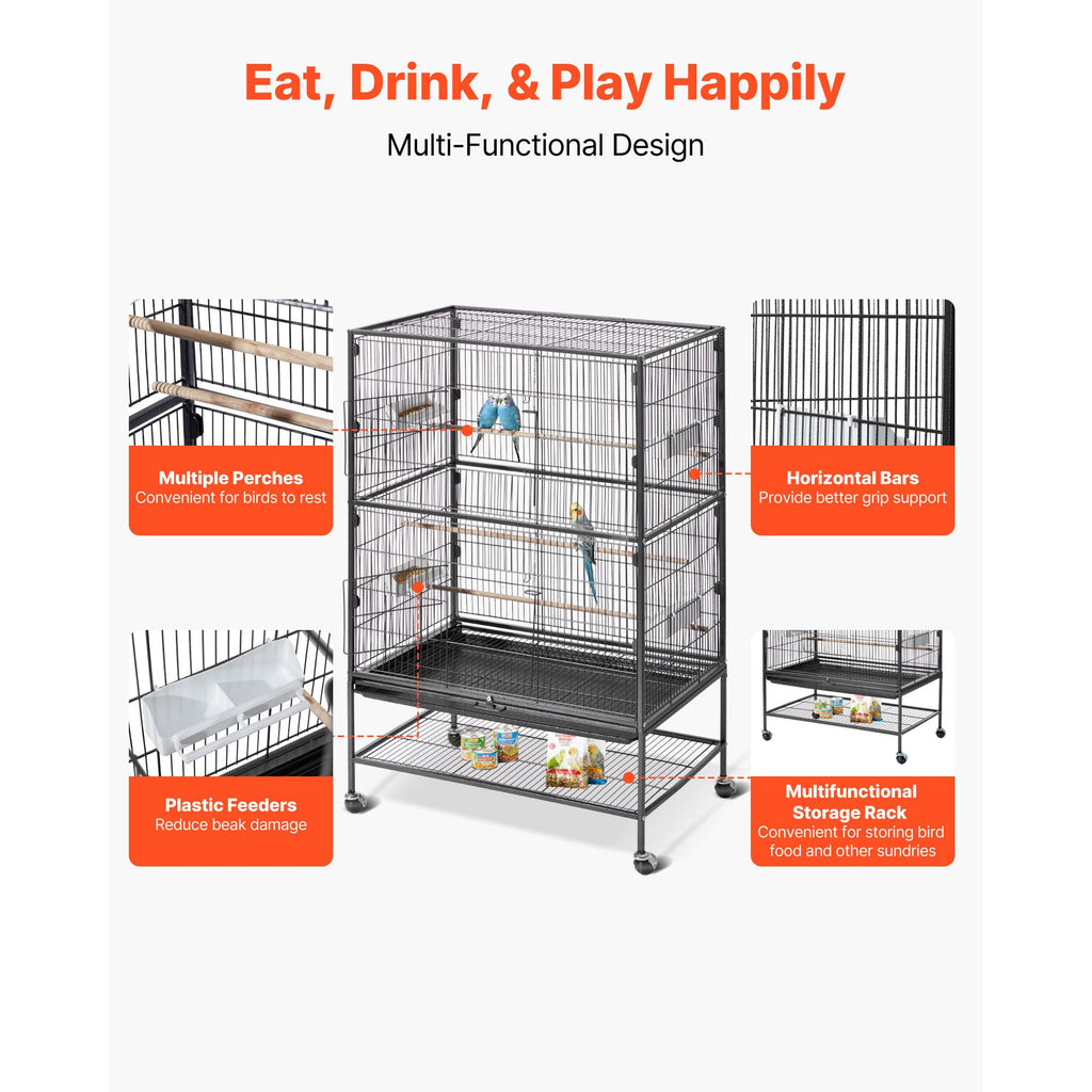 Spacious Wrought Iron Bird Flight Cage with Perches and Casters