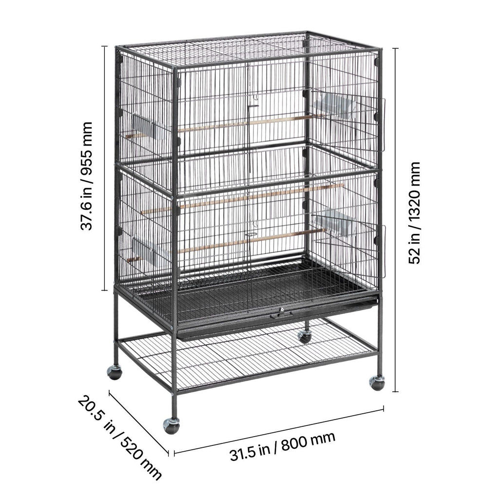 Spacious Wrought Iron Bird Flight Cage with Perches and Casters