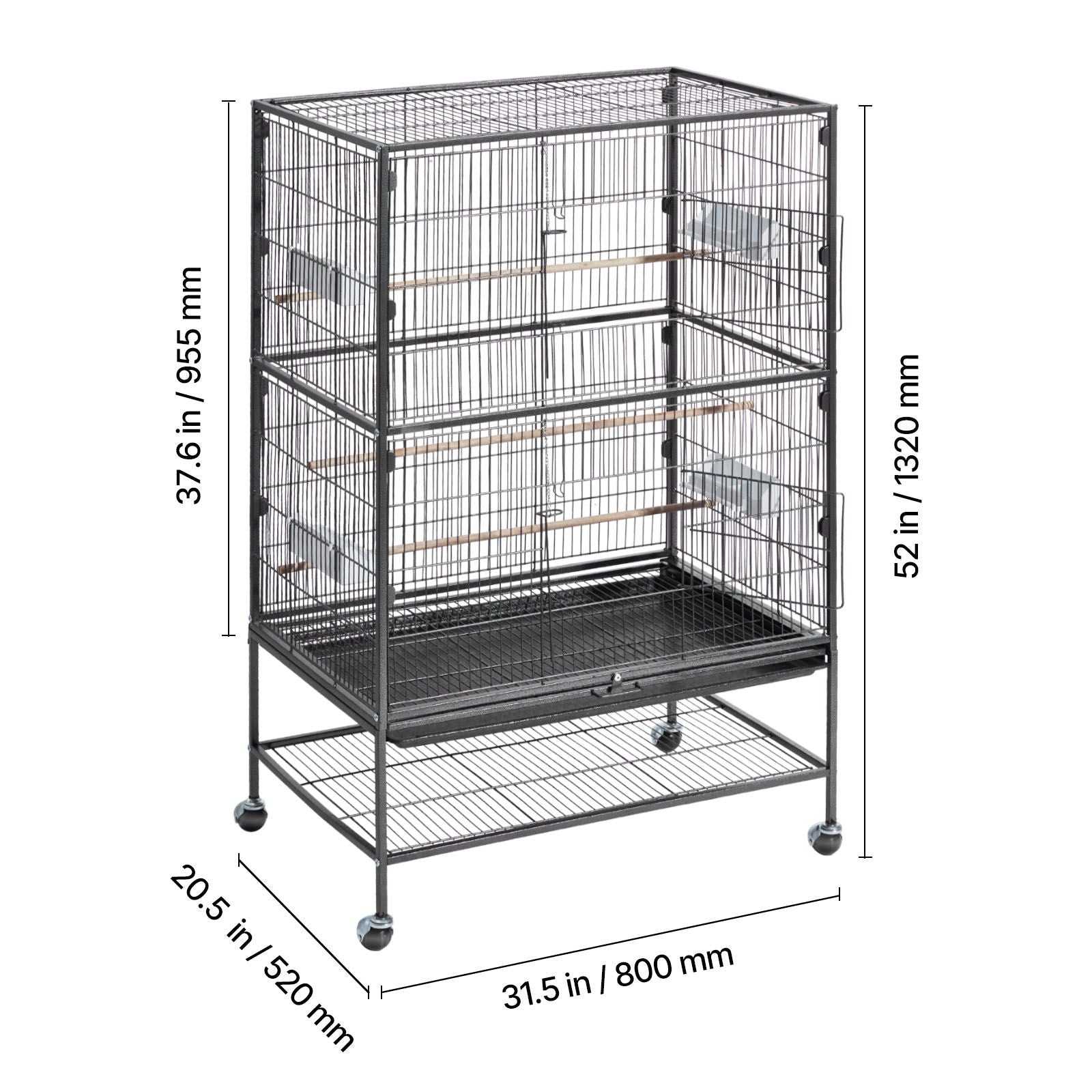 Spacious Wrought Iron Bird Flight Cage with Perches and Casters