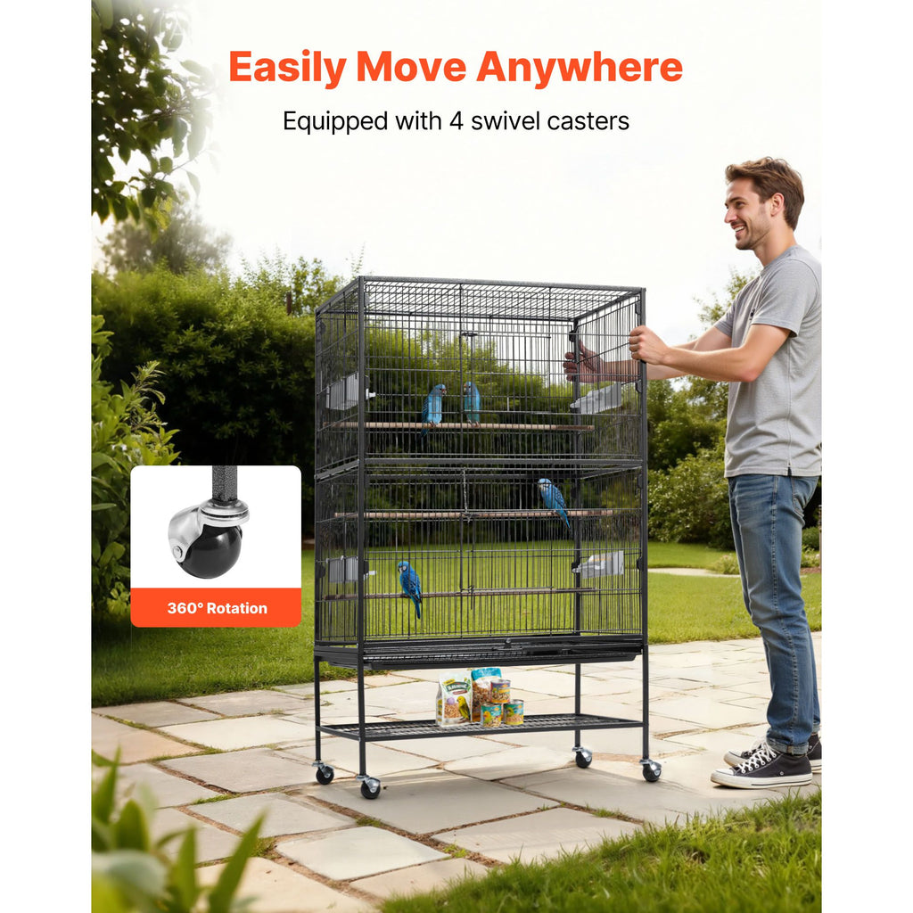 Spacious Wrought Iron Bird Flight Cage with Perches and Casters