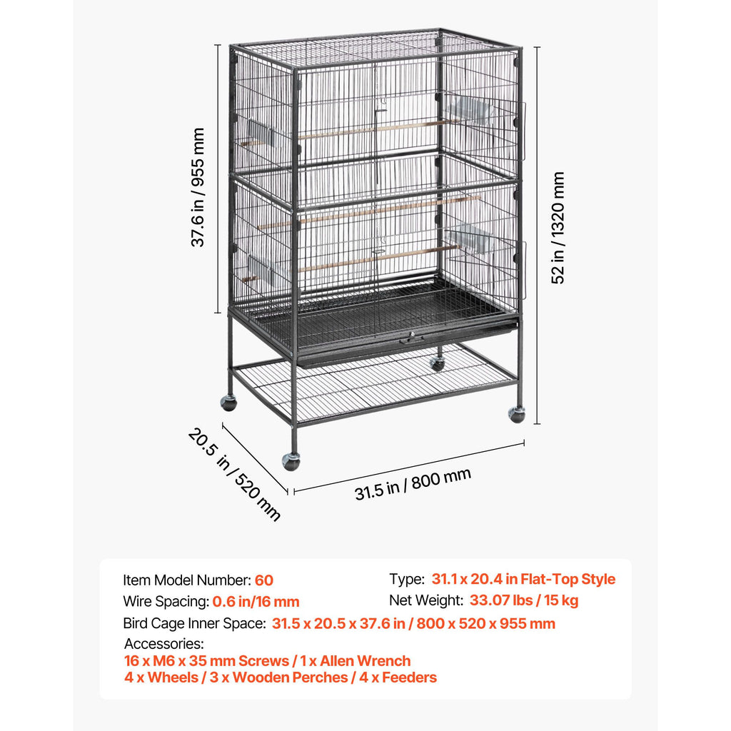 Spacious Wrought Iron Bird Flight Cage with Perches and Casters