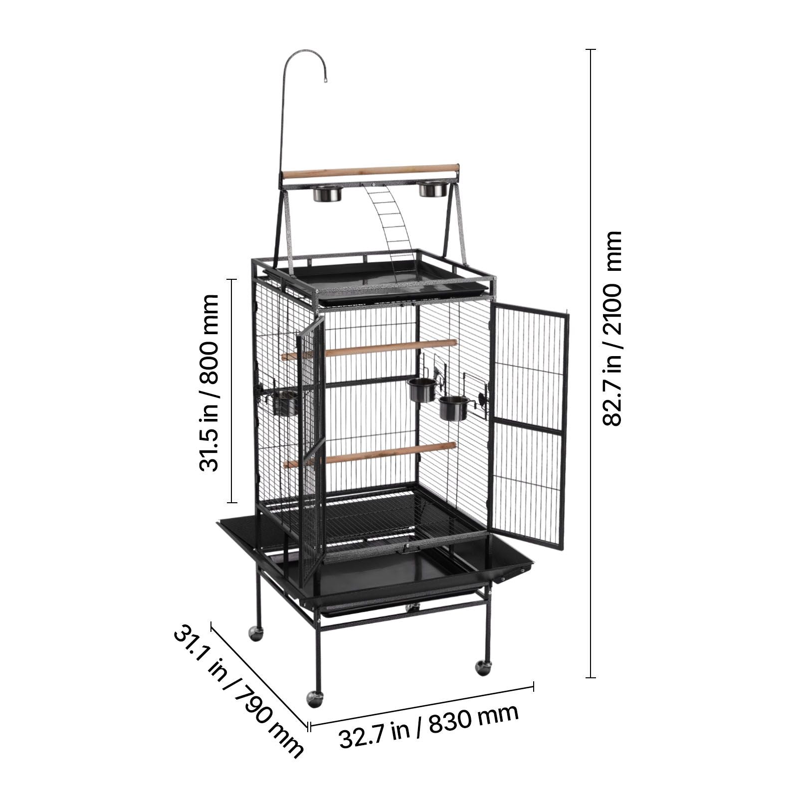 Spacious Open-Top Bird Flight Cage with Perches and Rolling Wheels