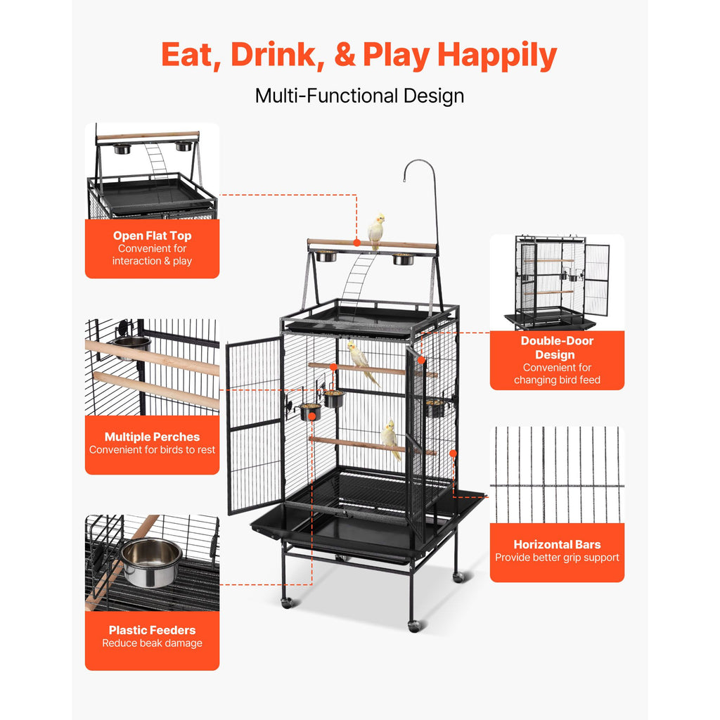 Spacious Open-Top Bird Flight Cage with Perches and Rolling Wheels