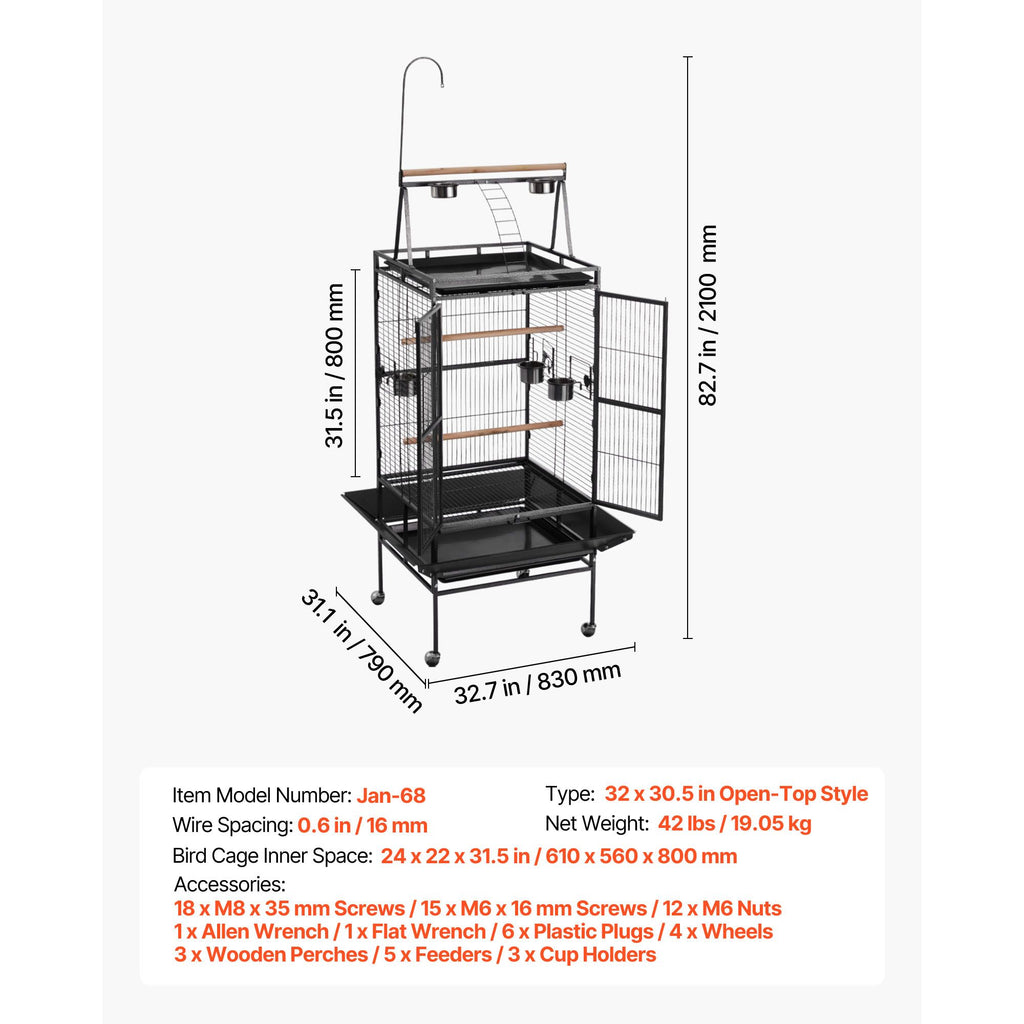 Spacious Open-Top Bird Flight Cage with Perches and Rolling Wheels