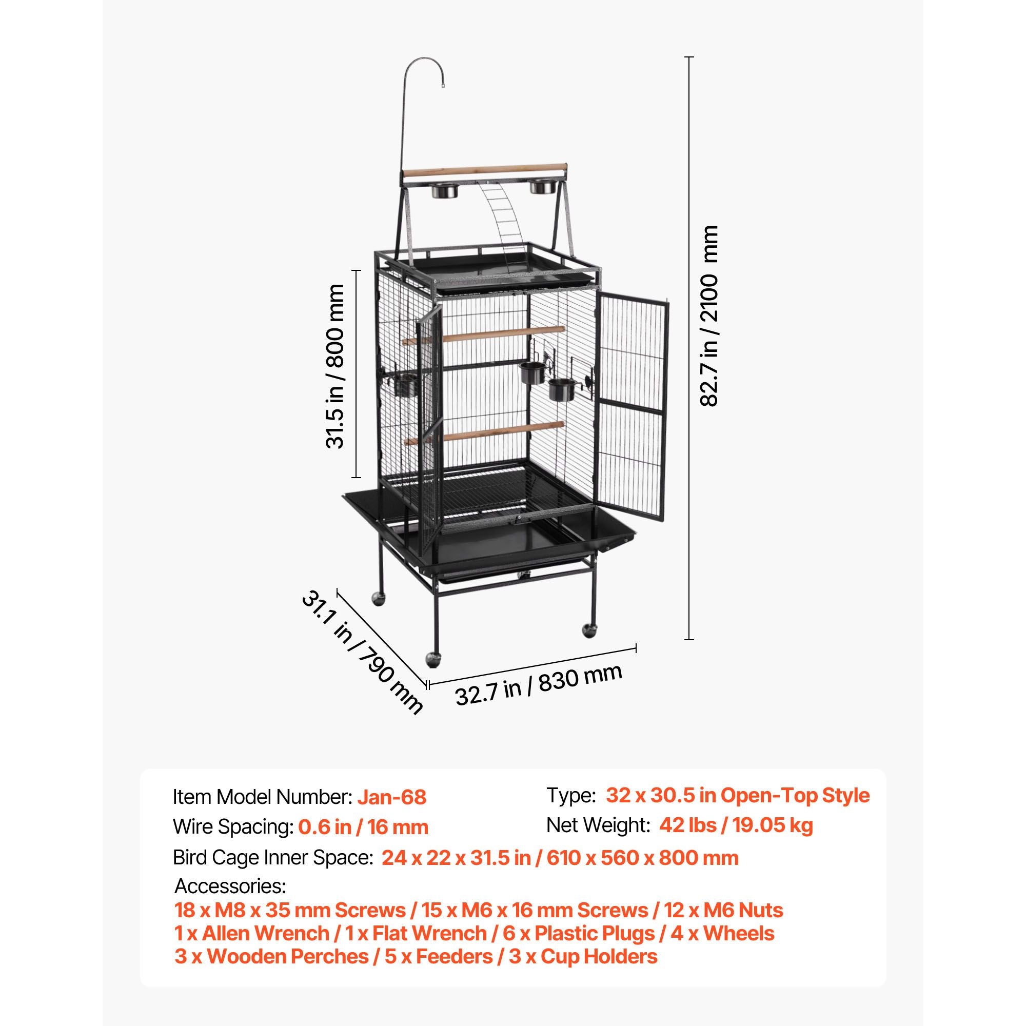 Spacious Open-Top Bird Flight Cage with Perches and Rolling Wheels