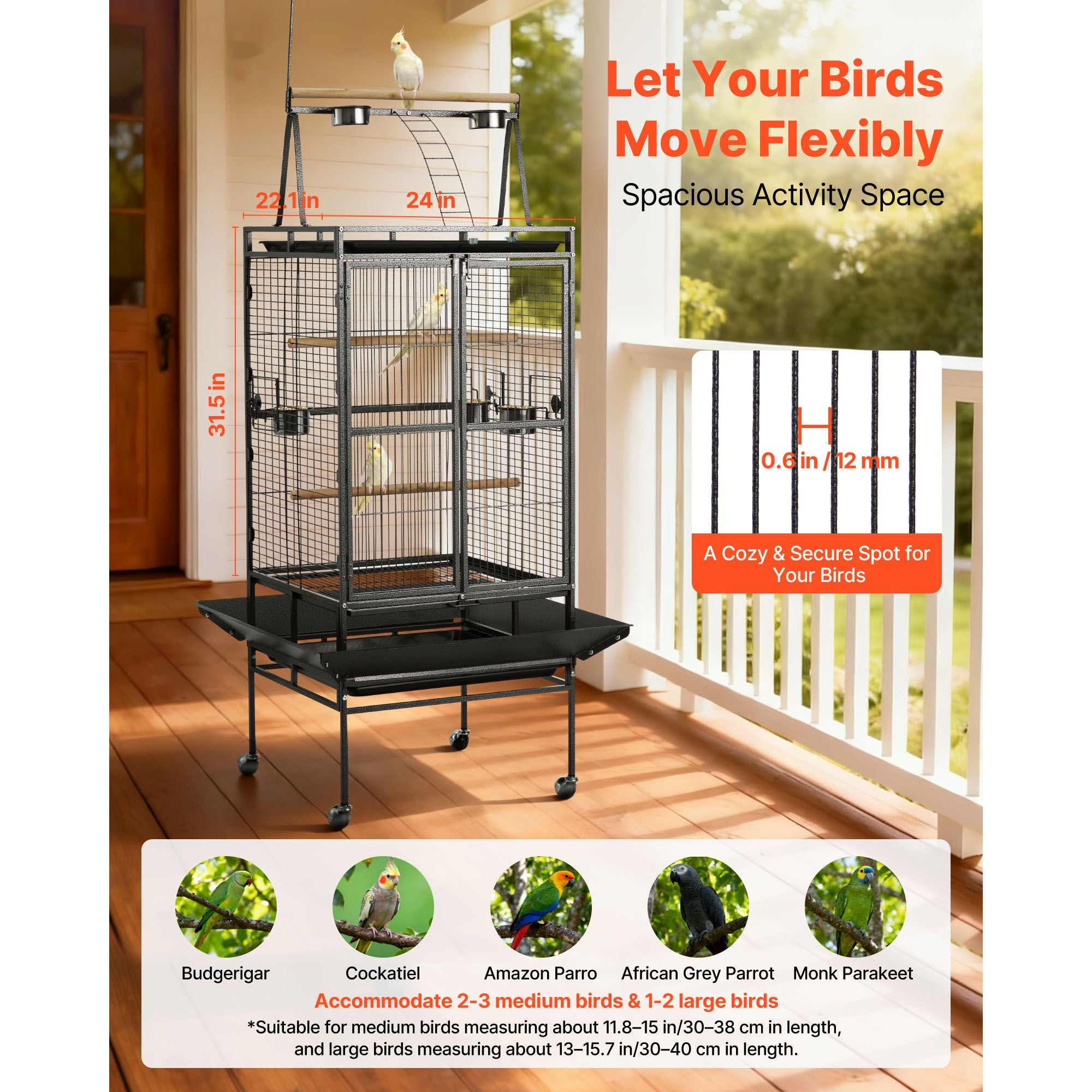 Spacious Open-Top Bird Flight Cage with Perches and Rolling Wheels