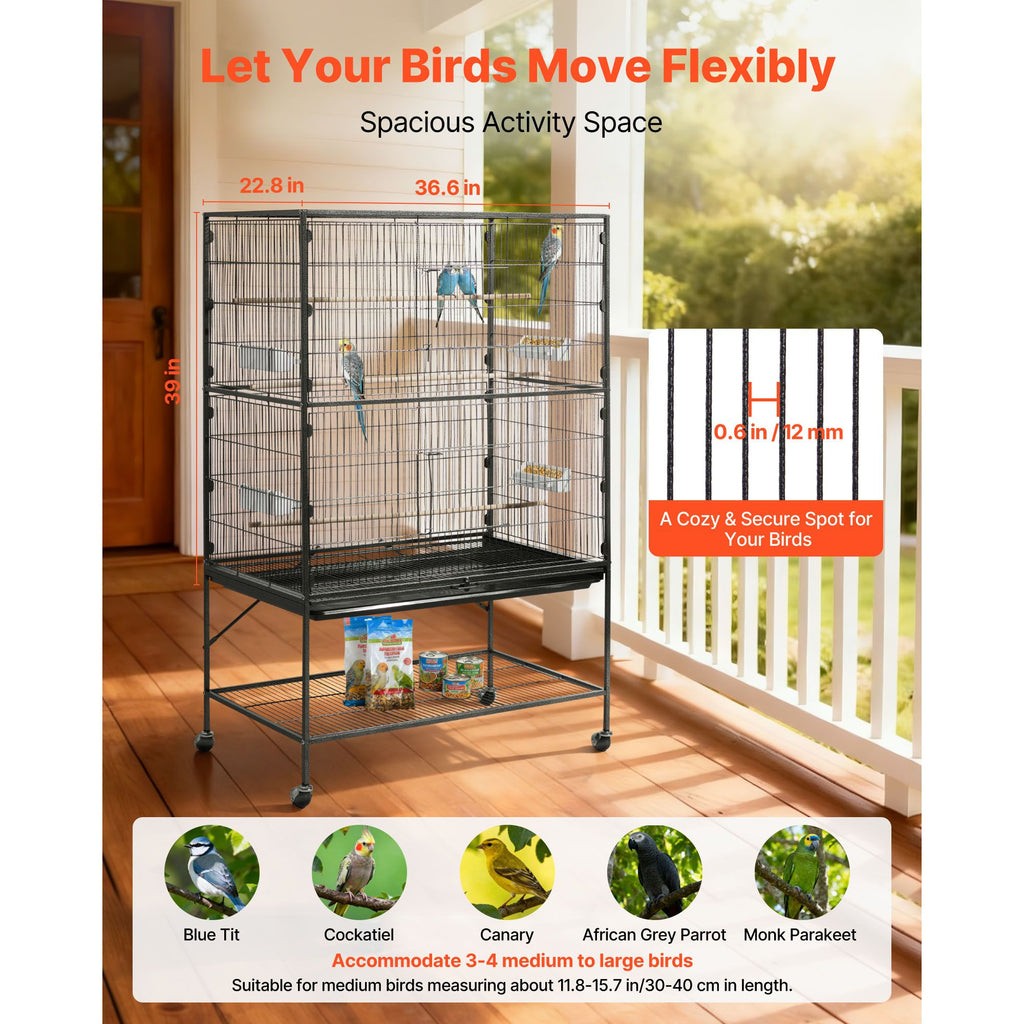 Spacious Wrought Iron Bird Flight Cage with Rolling Wheels