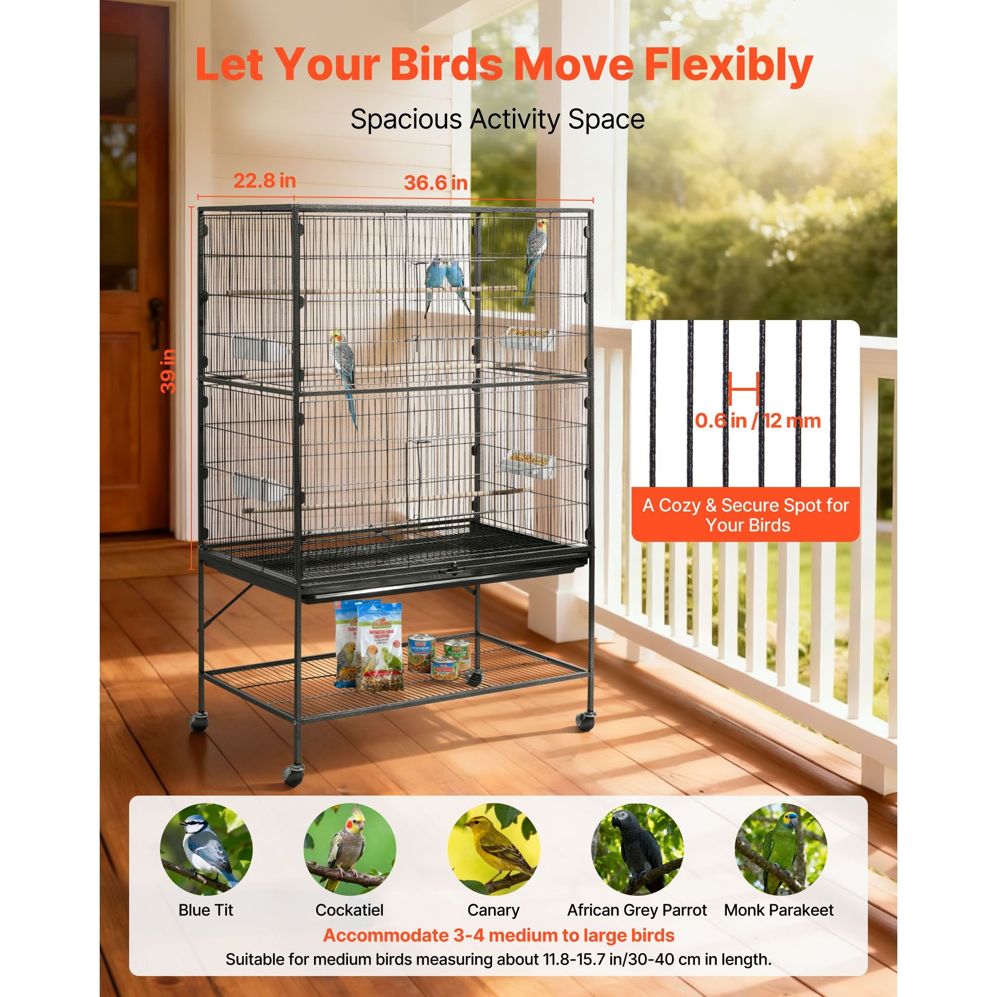 Spacious Wrought Iron Bird Flight Cage with Rolling Wheels