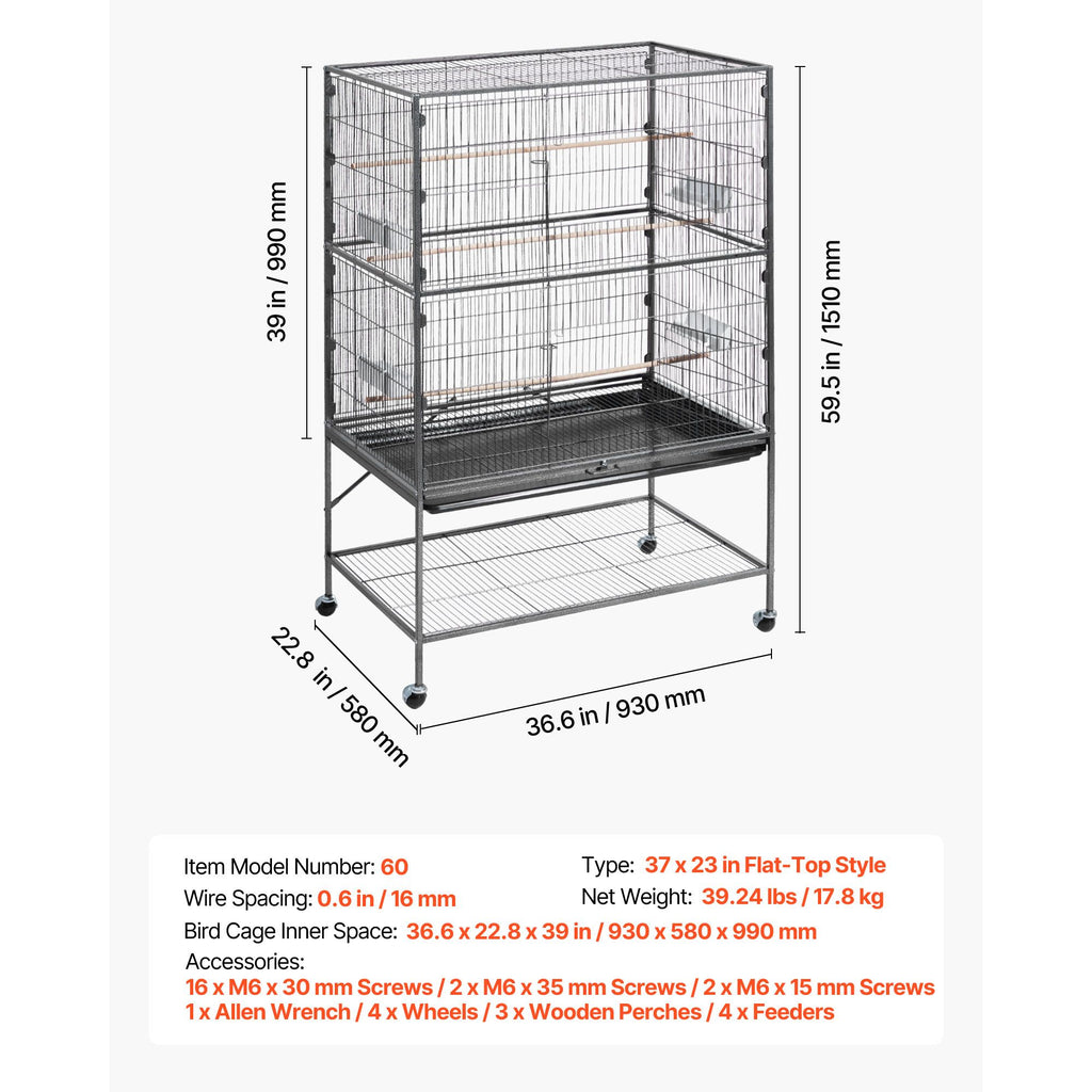 Spacious Wrought Iron Bird Flight Cage with Rolling Wheels