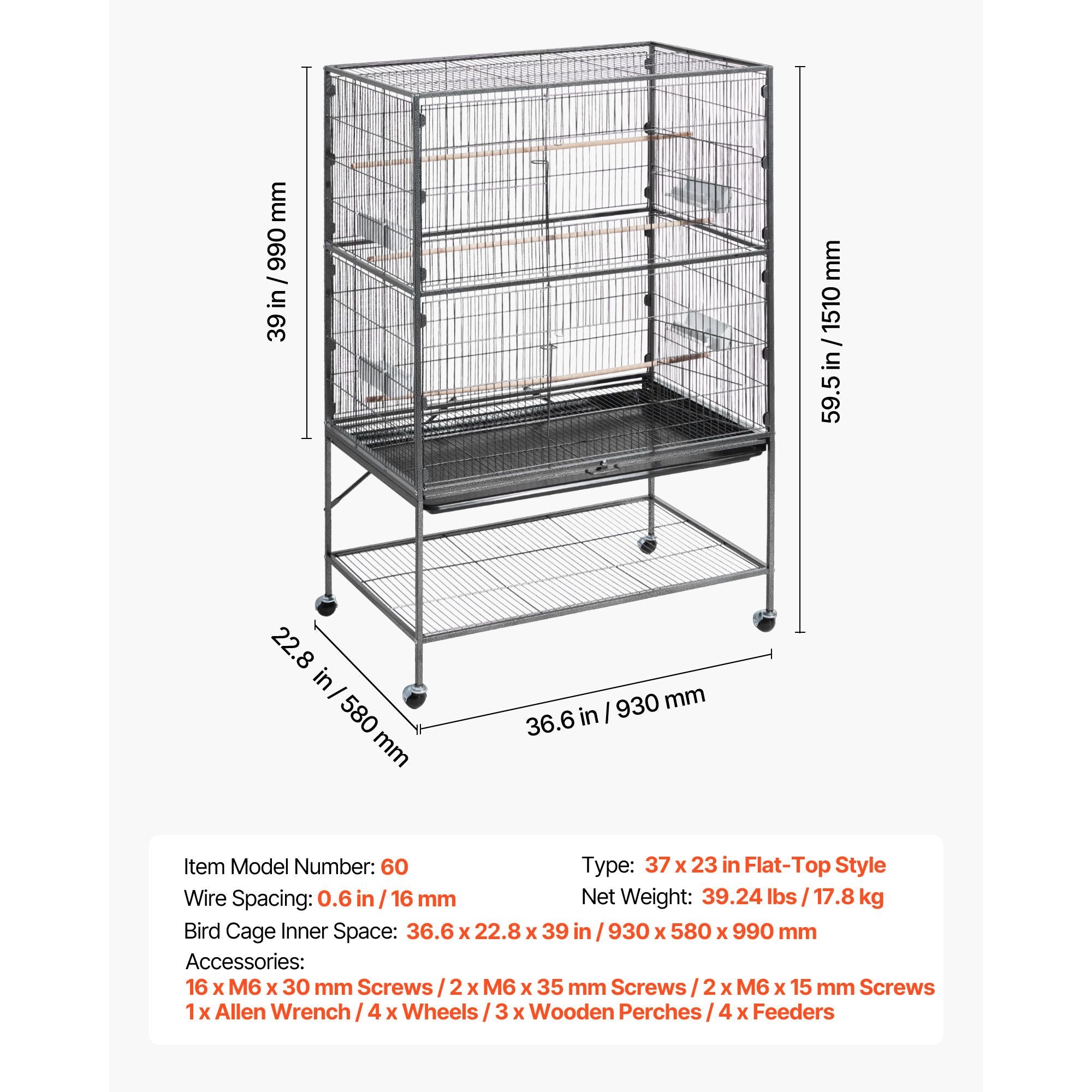 Spacious Wrought Iron Bird Flight Cage with Rolling Wheels