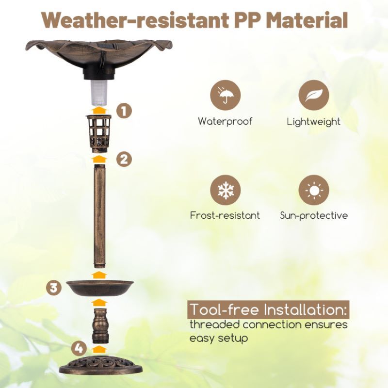 Vintage-Style Birdbath with Feeder, Planter, and Solar Lamp