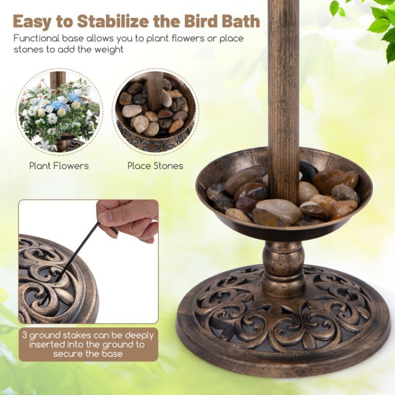 Vintage-Style Birdbath with Feeder, Planter, and Solar Lamp