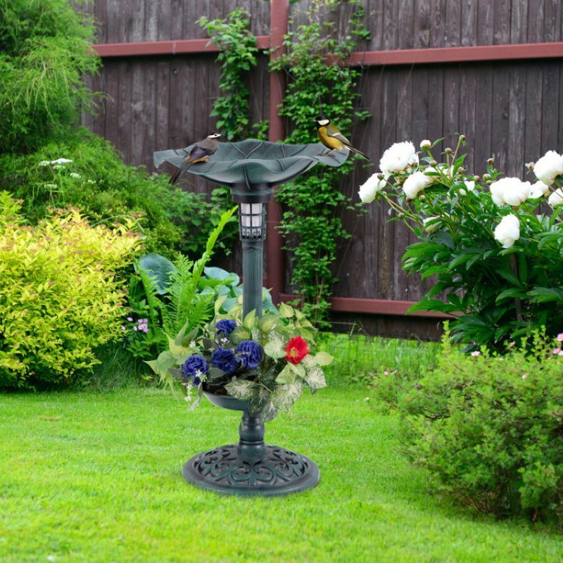 Vintage-Style Birdbath with Feeder, Planter, and Solar Lamp