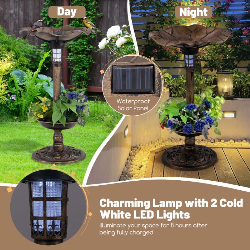 Vintage-Style Birdbath with Feeder, Planter, and Solar Lamp