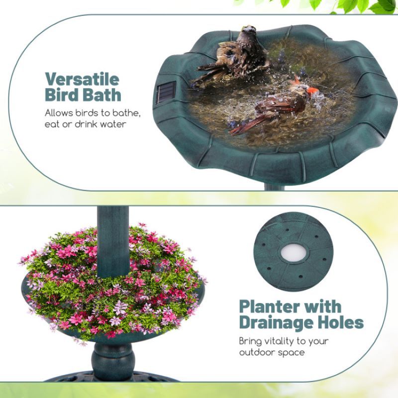 Vintage-Style Birdbath with Feeder, Planter, and Solar Lamp