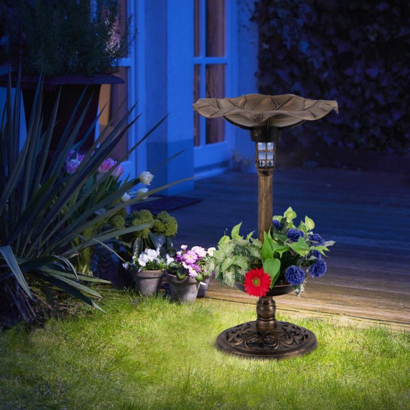 Vintage-Style Birdbath with Feeder, Planter, and Solar Lamp