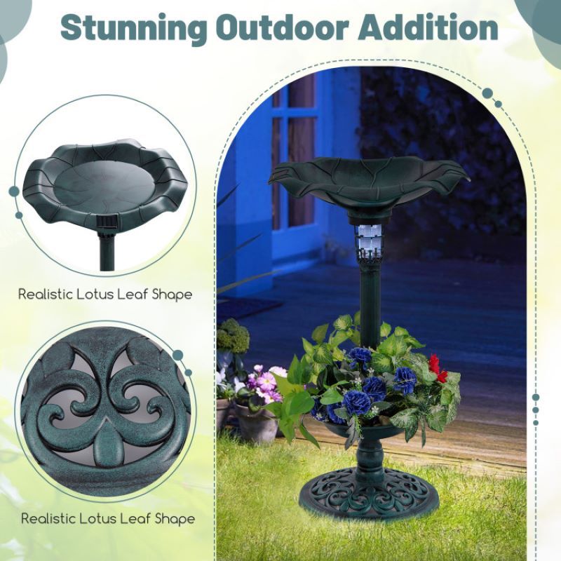 Vintage-Style Birdbath with Feeder, Planter, and Solar Lamp