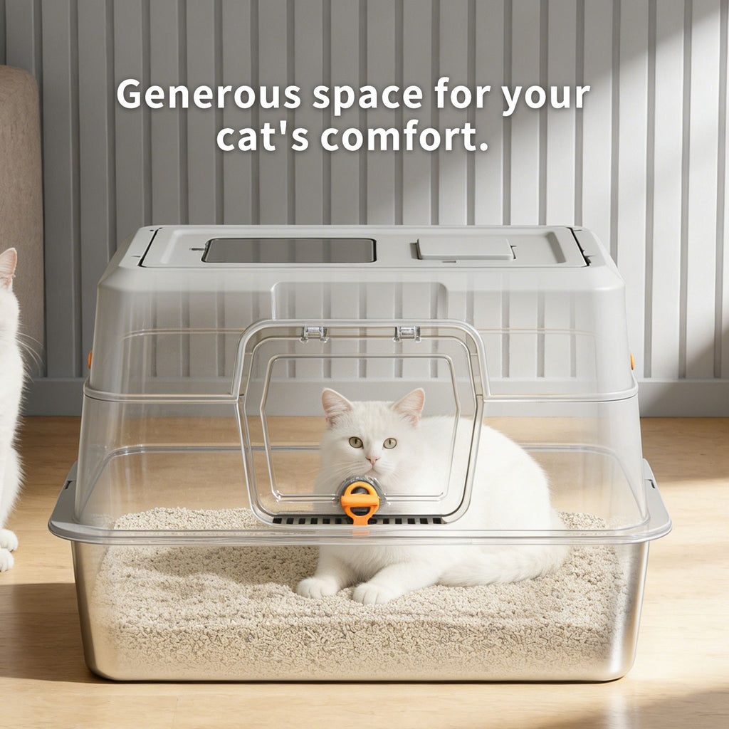 black stainless structured fully enclosed cat litter box, everyday enclosed cat litter box, high side to p