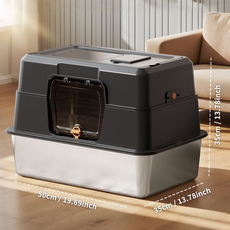 black stainless structured fully enclosed cat litter box, everyday enclosed cat litter box, high side to p