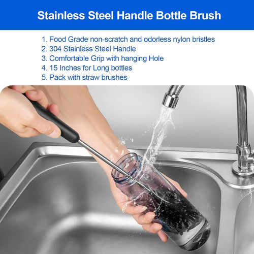 Bottle Brush, Long Stainless structured Handle Water Bottle Brush Cleaner, Sports Bottle Scrubber, Kitche