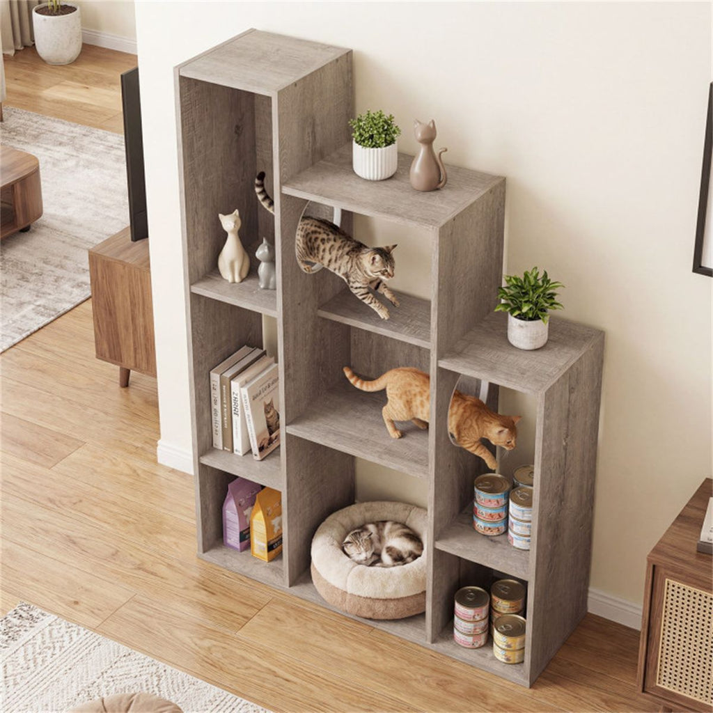 Cat Bookshelf Cabinet with 8 Storage Sections & Climbing Platforms