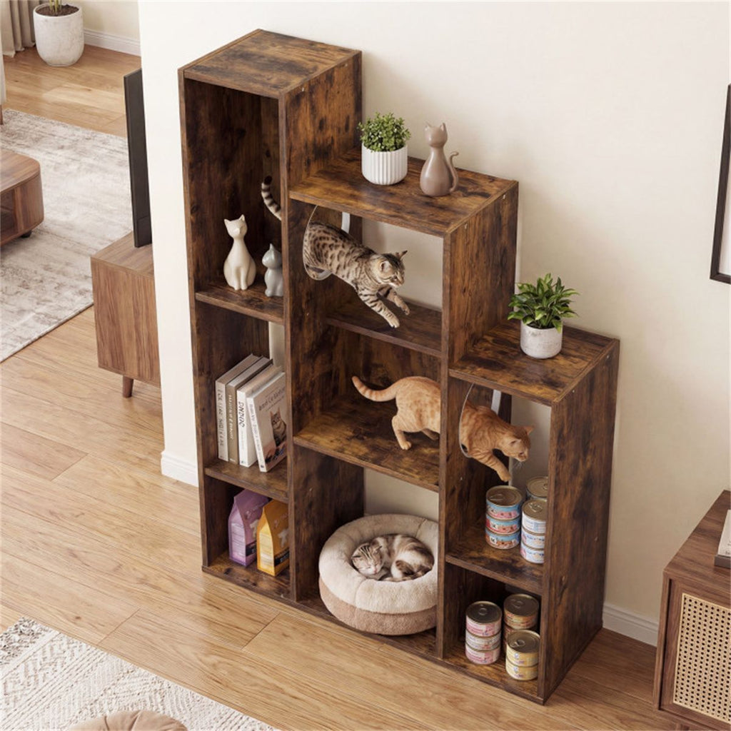 Cat Bookshelf Cabinet with 8 Storage Sections and Climbing Platforms